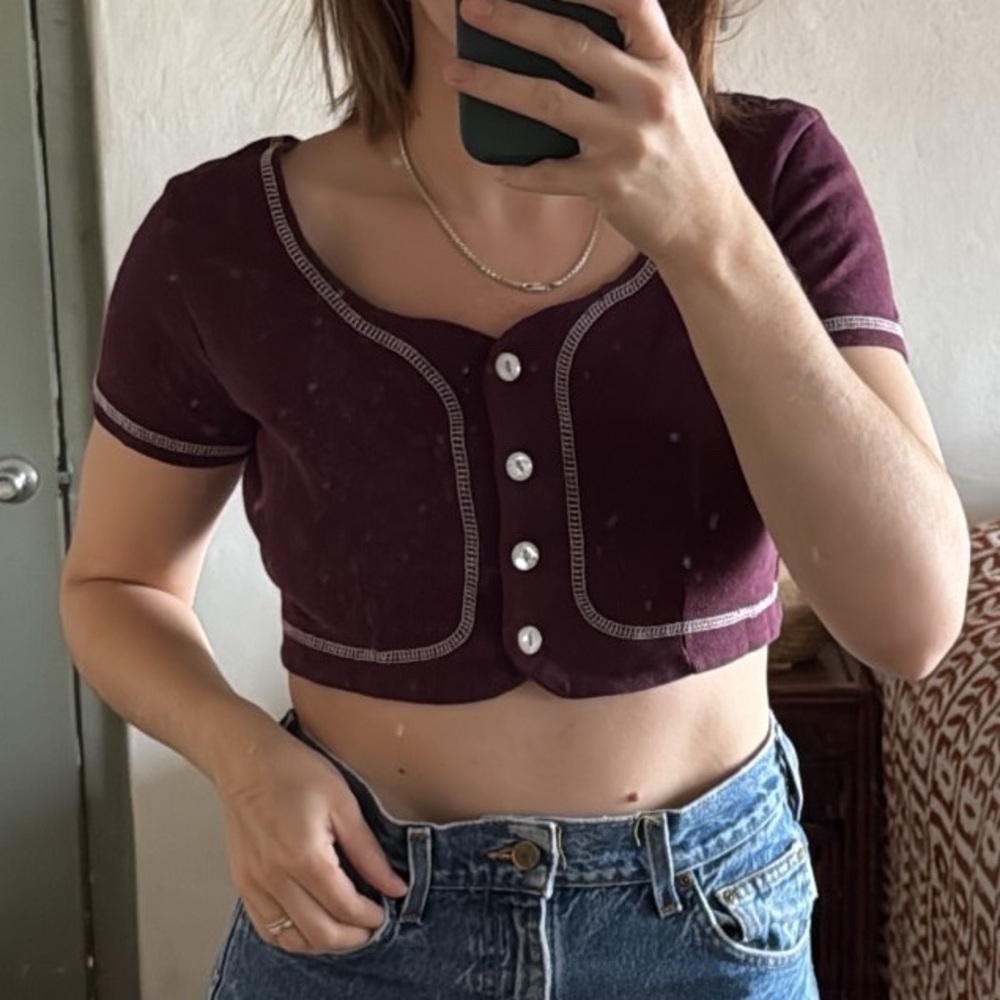 American Vintage Purple Button Down Cropped Top